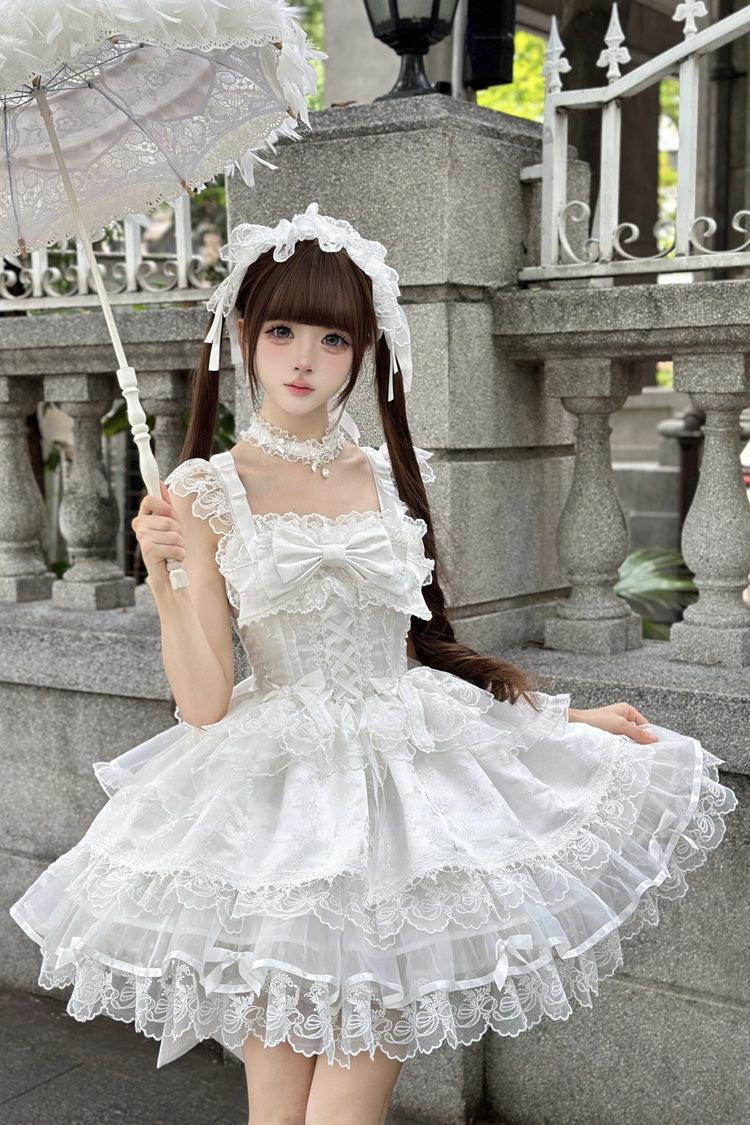 White [Fleishi Island] Sleeveless Ruffle Bowknot Lace Slim Sweet Ballet Lolita Jsk Dress - Product - 9