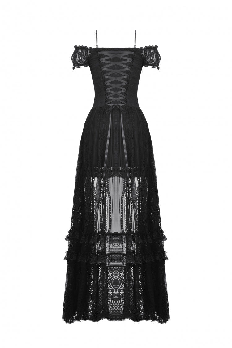 Black Off Shoulder Short Flutter Sleeves Lace-Up Lace High/Low Women's Gothic Prom Slip Dress - Product - 17