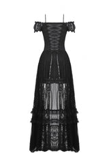 Black Off Shoulder Short Flutter Sleeves Lace-Up Lace High/Low Women's Gothic Prom Slip Dress - Product - 17