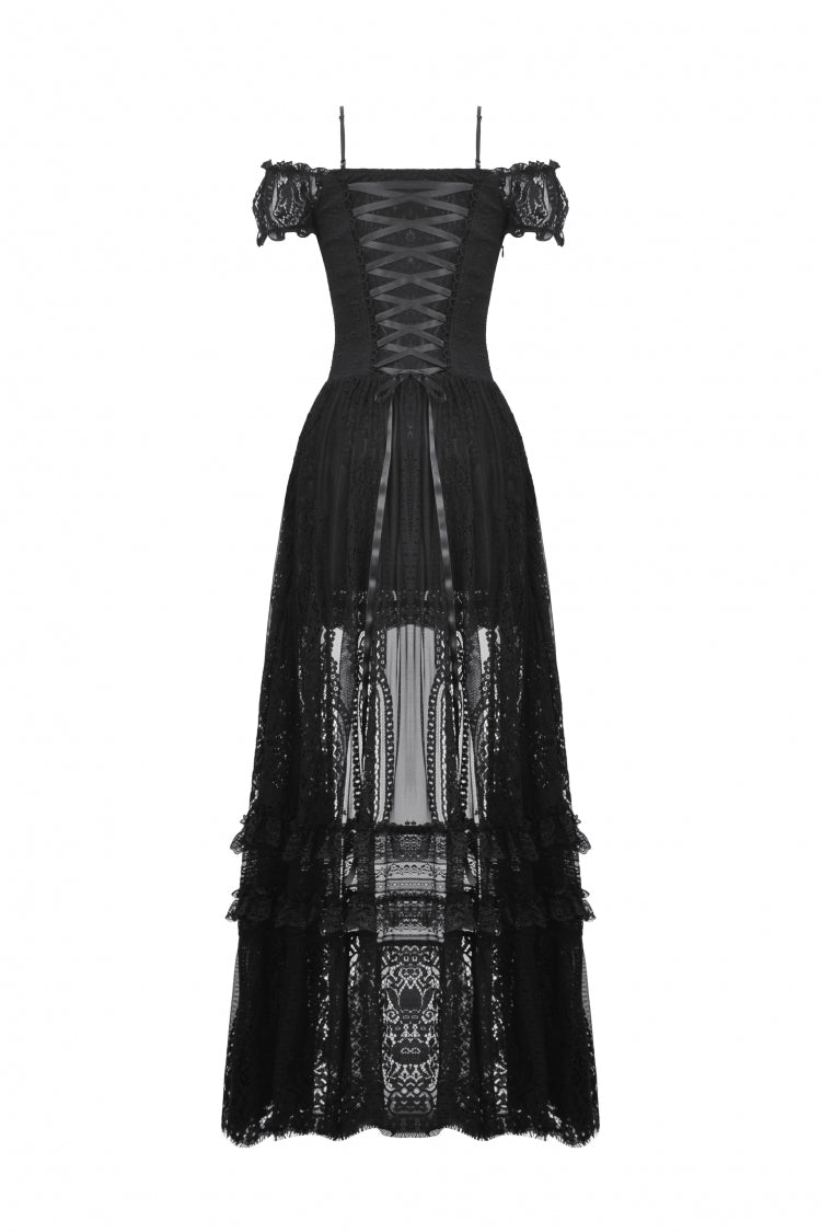 Black Off Shoulder Short Flutter Sleeves Lace-Up Lace High/Low Women's Gothic Prom Slip Dress - Product - 17
