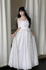 White [Moonlight] Off Shoulder Jacquard Embroidered Bow Gothic Lolita Jsk Dress - White - 1