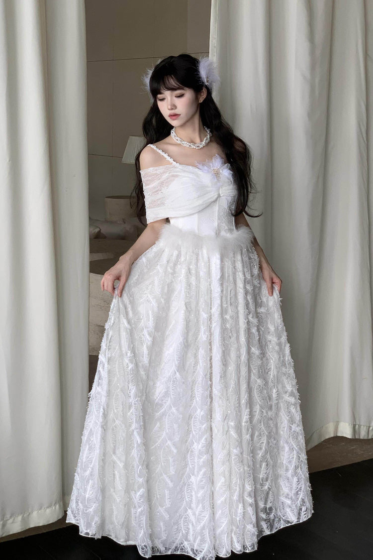 White [Moonlight] Off Shoulder Jacquard Embroidered Bow Gothic Lolita Jsk Dress - White - 1