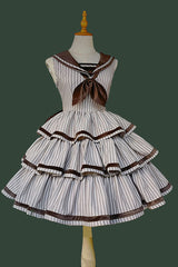 [From Afar] Sleeveless Triple-Layered Stripe Print Bowknot Sweet College Style Lolita Dress 2 Colors - Product - 4