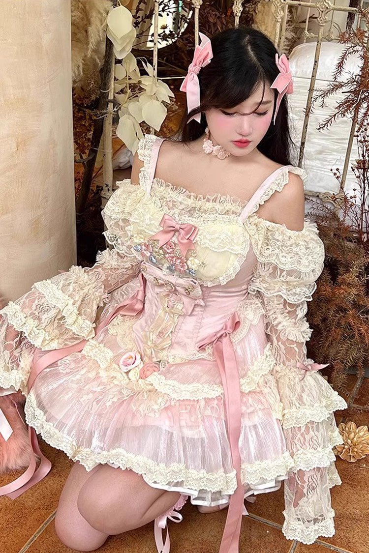 Pink Delicate Lace Flowers Love Song Bowknot Lace Sweet Lolita Dress - Pink - 1