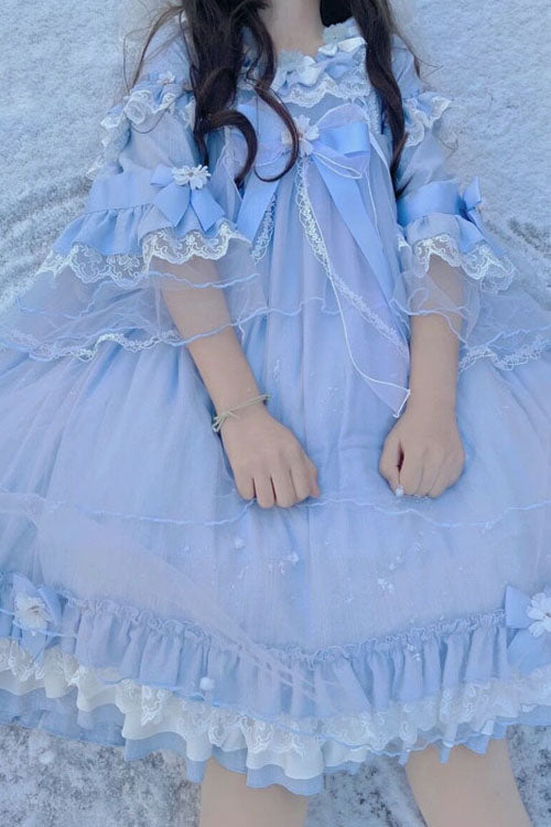 Blue Bowknot Trumpet Sleeves Multi-Layer Ruffled Sweet Lolita OP Tiered Dress - Product - 3