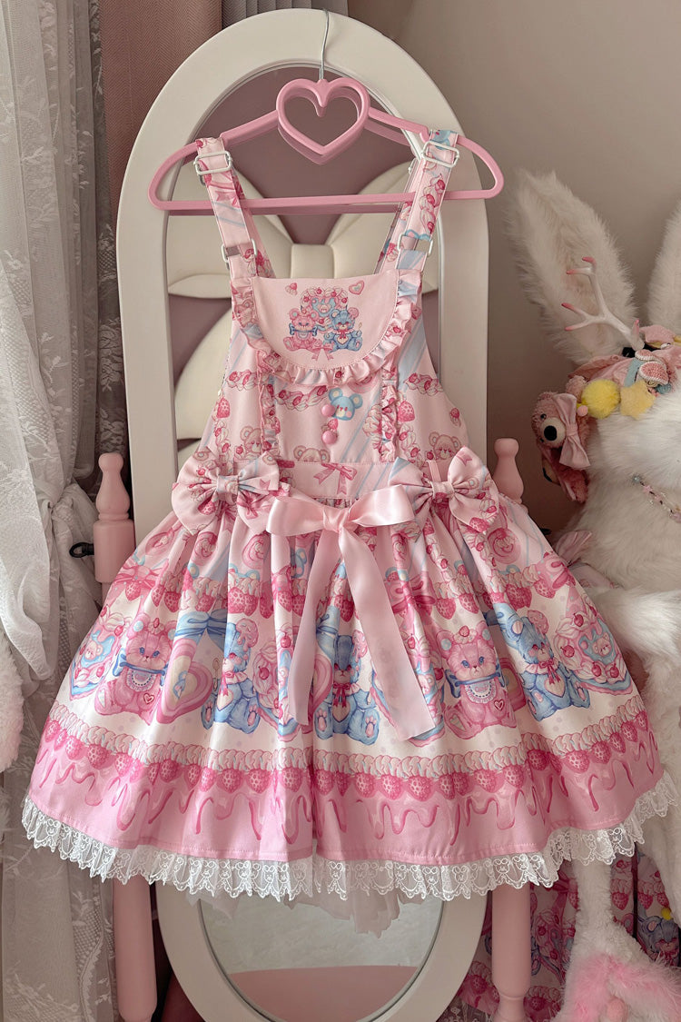 Milky Berry Bear Print Pink Bowknot Stitching Lace Sweet Lolita Strap Dress - Product - 3
