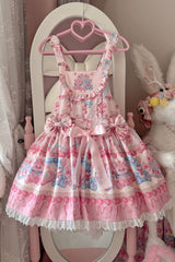 Milky Berry Bear Print Pink Bowknot Stitching Lace Sweet Lolita Strap Dress - Product - 3