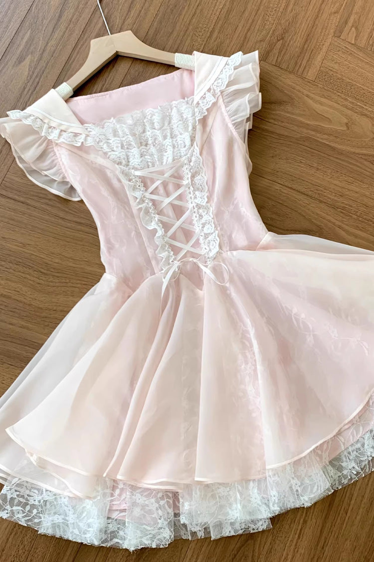 Pink [Floral Letter] Square Collar Ruffled Lace Lace-Up Sweet Princess Ballet Lolita Dress - Product - 2