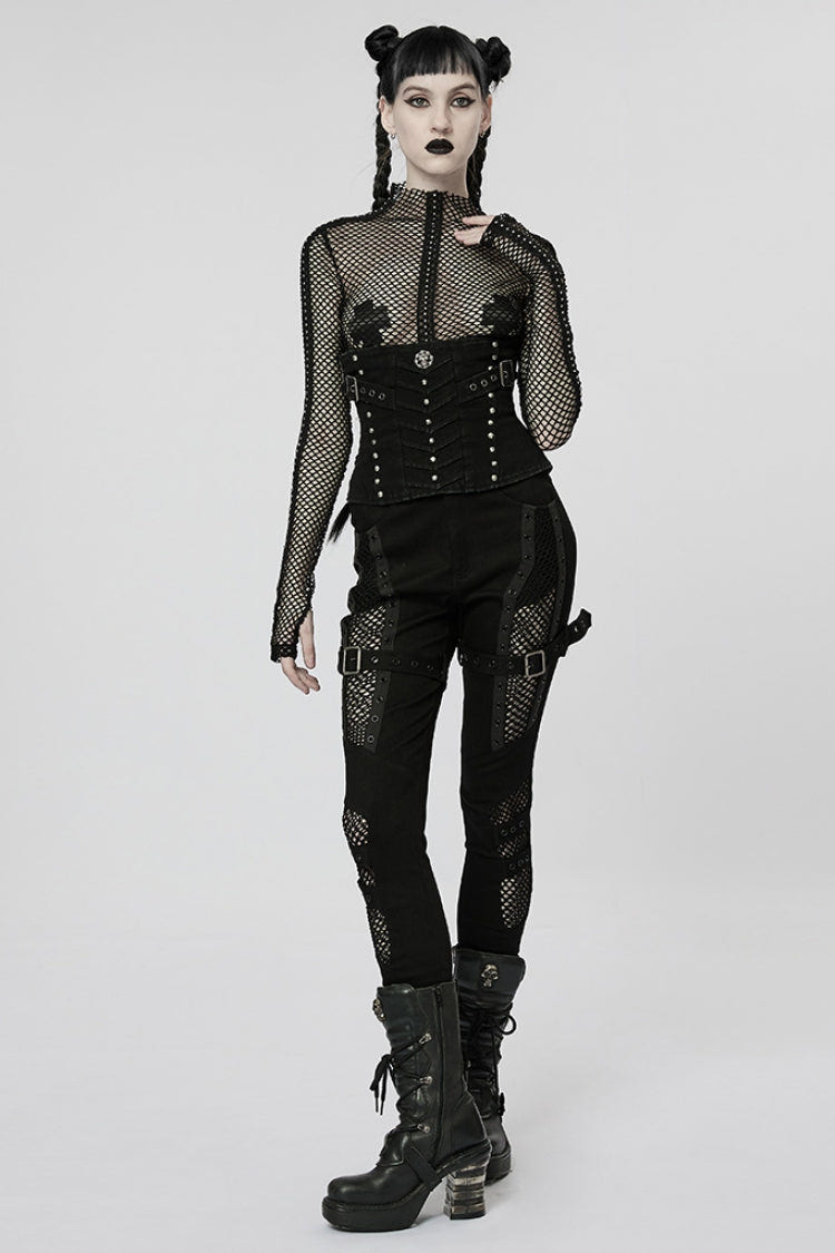 Stitching Slim Mesh Buckles Eyelets Women's Steampunk Leggings 2 Colors - Product - 4