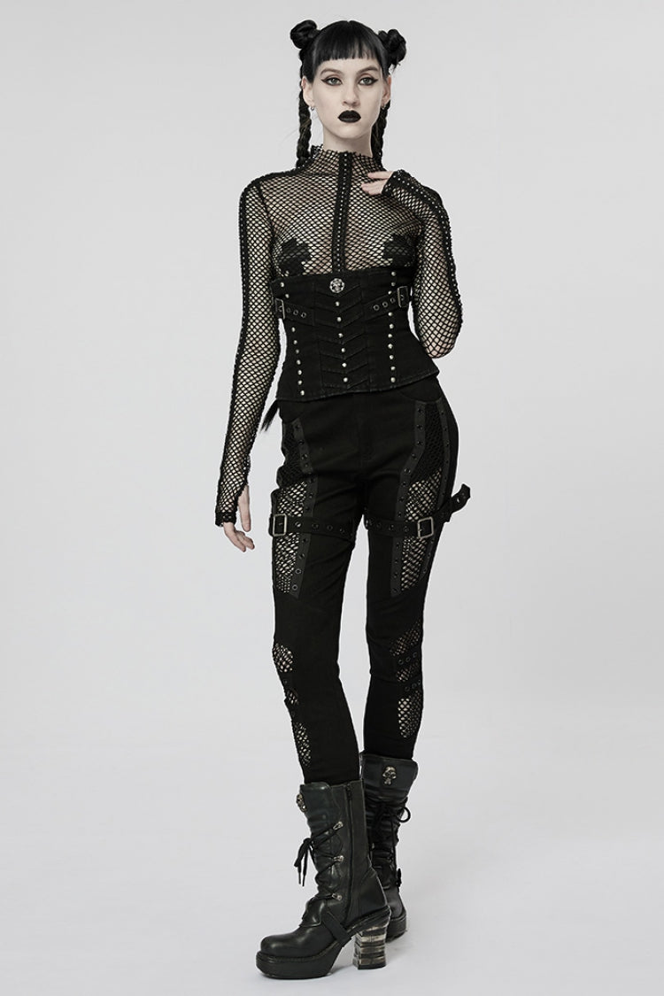 Stitching Slim Mesh Buckles Eyelets Women's Steampunk Leggings 2 Colors - Product - 4