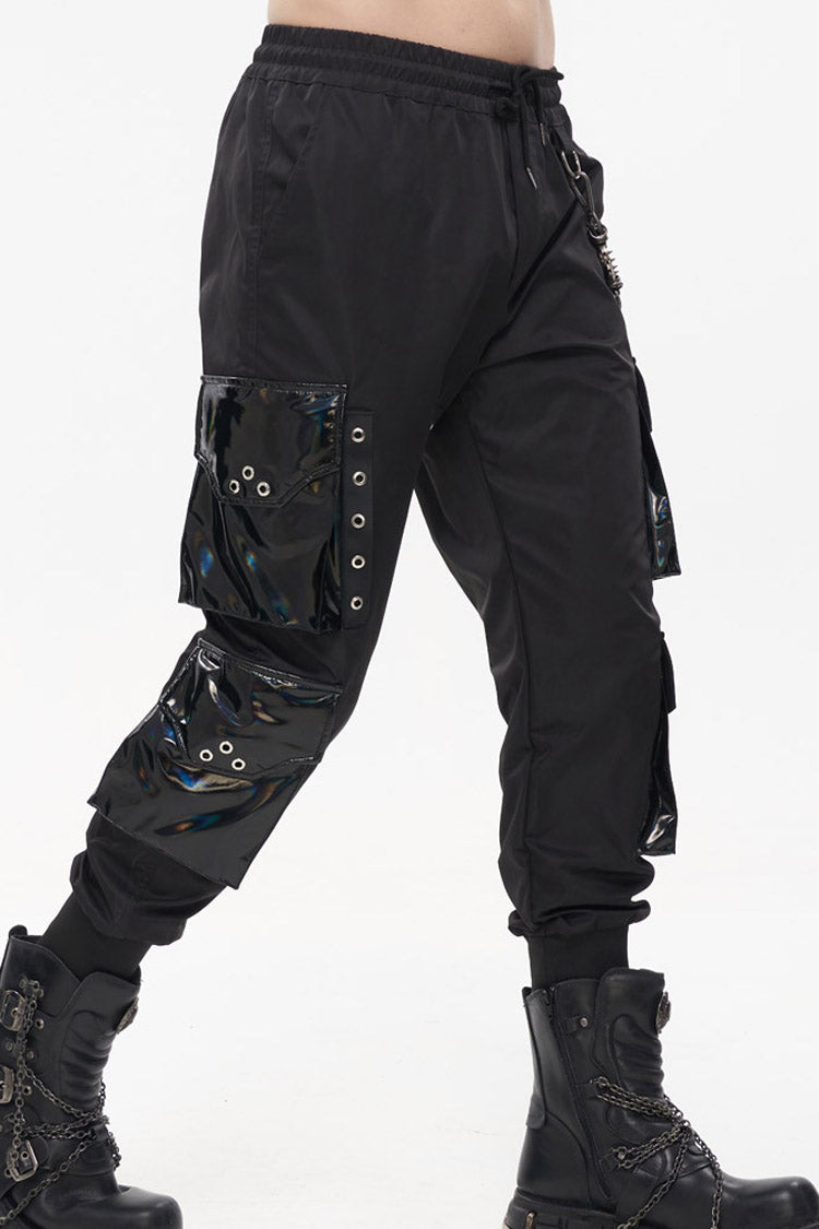 Black Punk Multi Pocket Splicing Illusory Color Removable Metal Left Chain Design Cargo Men's Pants - Product - 3