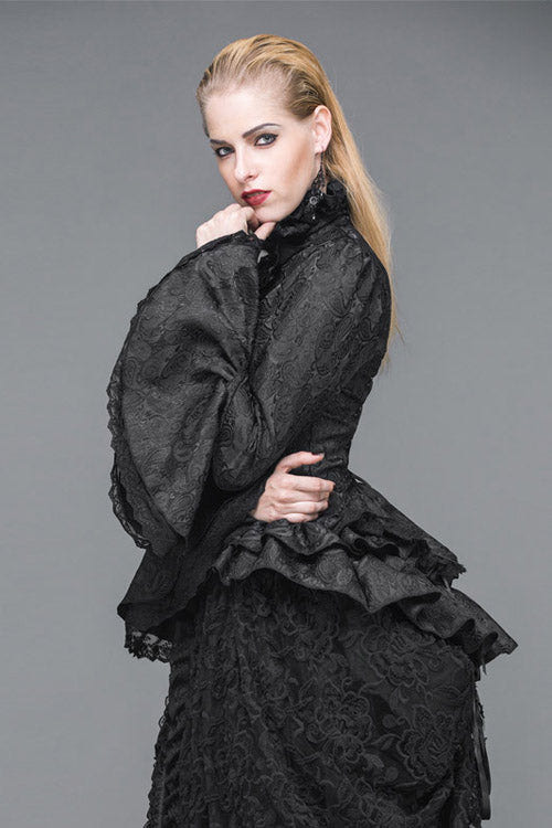 Black Trumpet Sleeves Lace Ruffled Vintage Print Womens Gothic Blouse - Product - 2