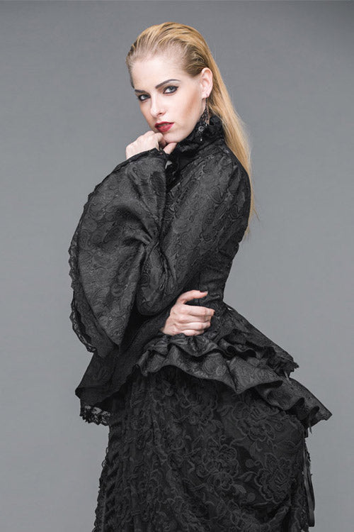 Black Trumpet Sleeves Lace Ruffled Vintage Print Womens Gothic Blouse - Product - 2