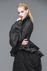 Black Trumpet Sleeves Lace Ruffled Vintage Print Womens Gothic Blouse - Product - 2