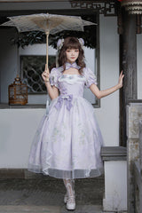 Purple Lilac Short Sleeves Hollow Embroidery Sweet Chinese Cheongsam Style Lolita Dress - Product - 4
