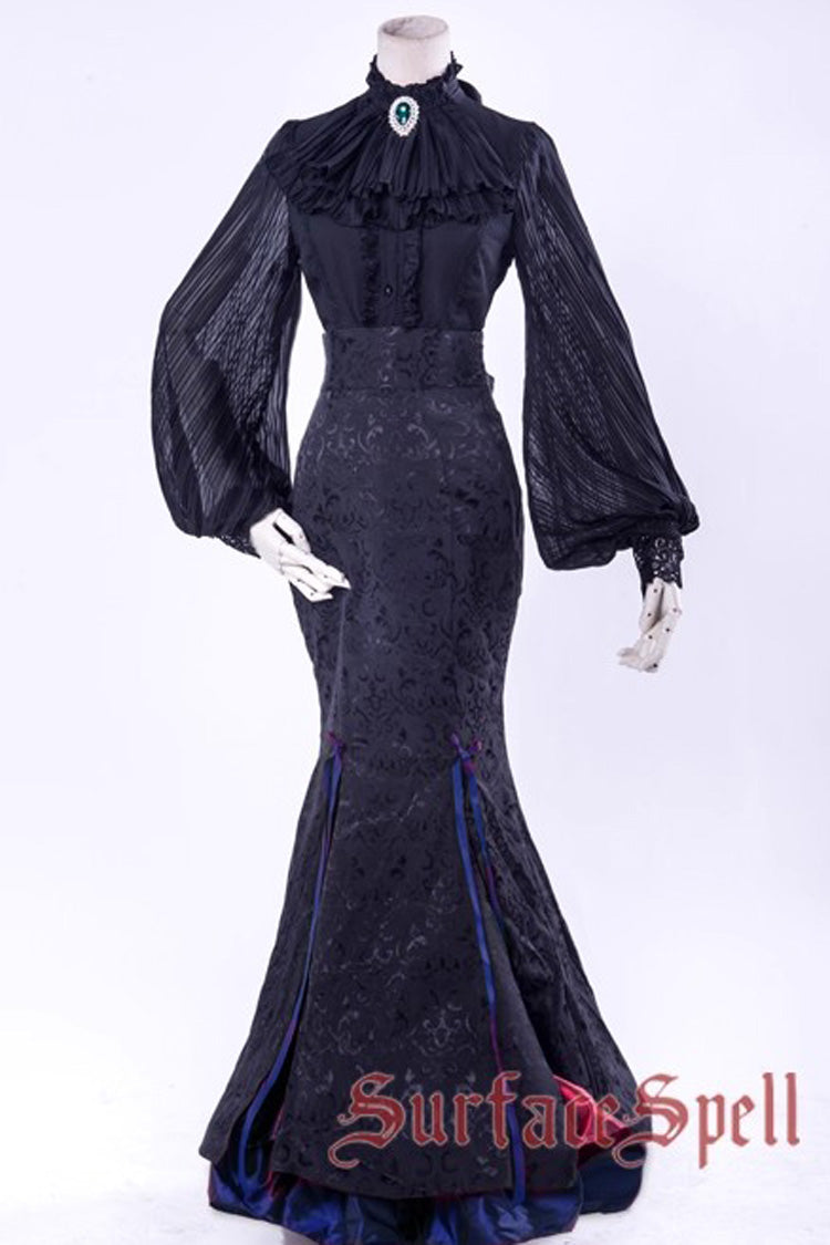 Black/Red [Lorelei] Double-Layered Print Ruffle Gothic Elegant Lolita Jacquard Mermaid Maxi Skirt - Black/Blue - 7