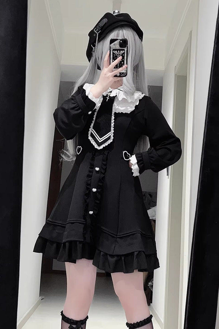 Black [Angel Creed] Short Sleeves Ruffle Bowknot Stitching Lace Gothic Plus Size Japanese College Style Jirai Kei Dress - Black - 1