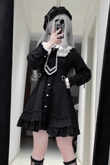 Black [Angel Creed] Short Sleeves Ruffle Bowknot Stitching Lace Gothic Plus Size Japanese College Style Jirai Kei Dress - Black - 1