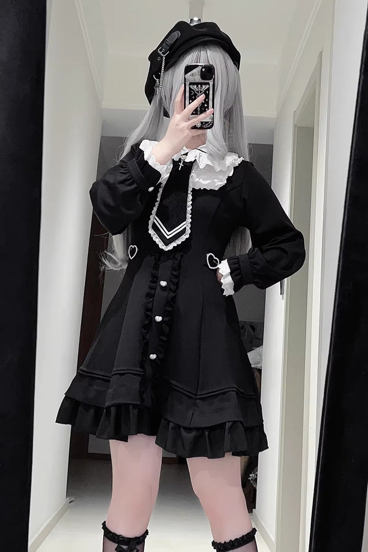 Black [Angel Creed] Short Sleeves Ruffle Bowknot Stitching Lace Gothic Plus Size Japanese College Style Jirai Kei Dress - Black - 1