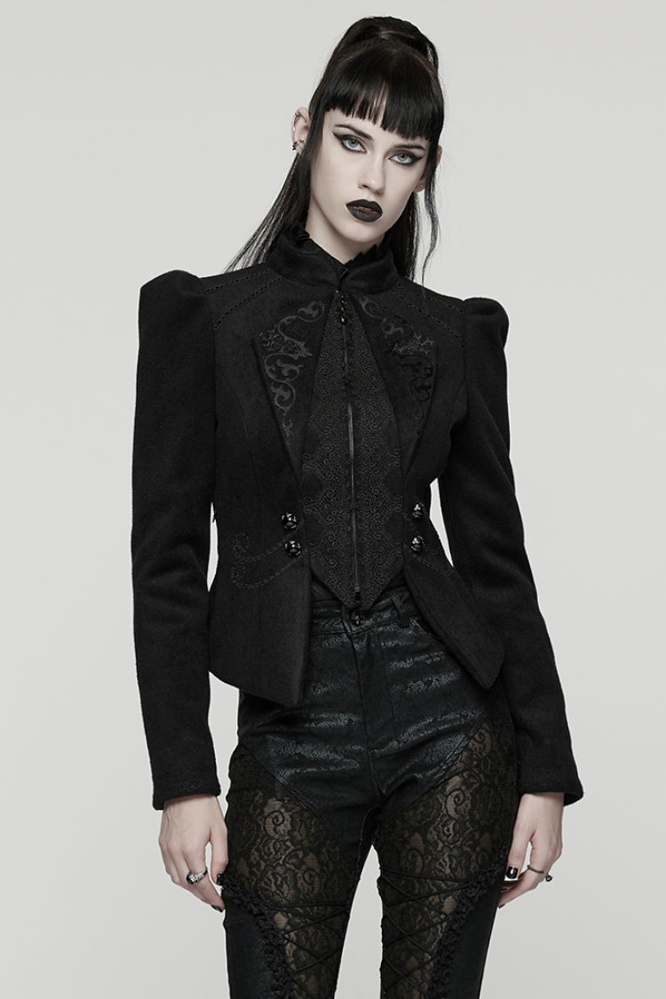 Black Stand Collar Long Sleeves Embroidered Lace-Up Zippered Women's Gothic Jacket - Product - 4