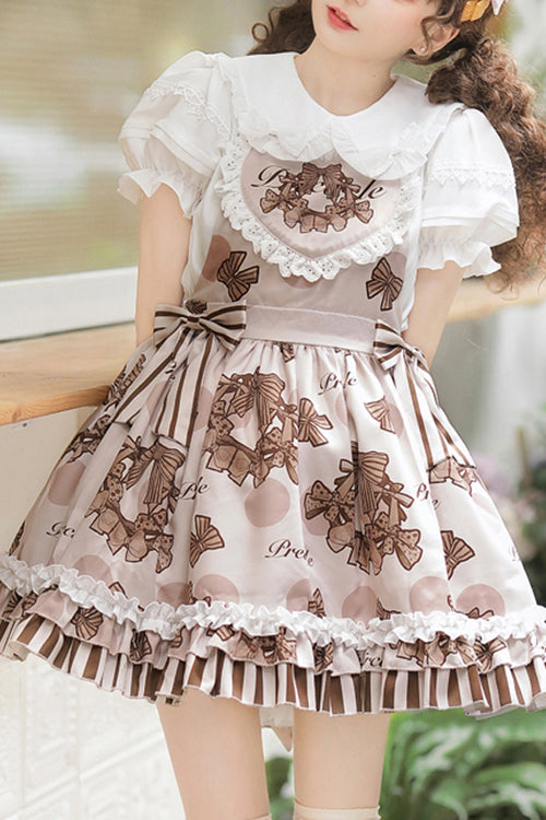 Brown Chocolate Wreath Print Sweet Lolita Strap Dress - Brown - 1