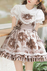 Brown Chocolate Wreath Print Sweet Lolita Strap Dress - Brown - 1