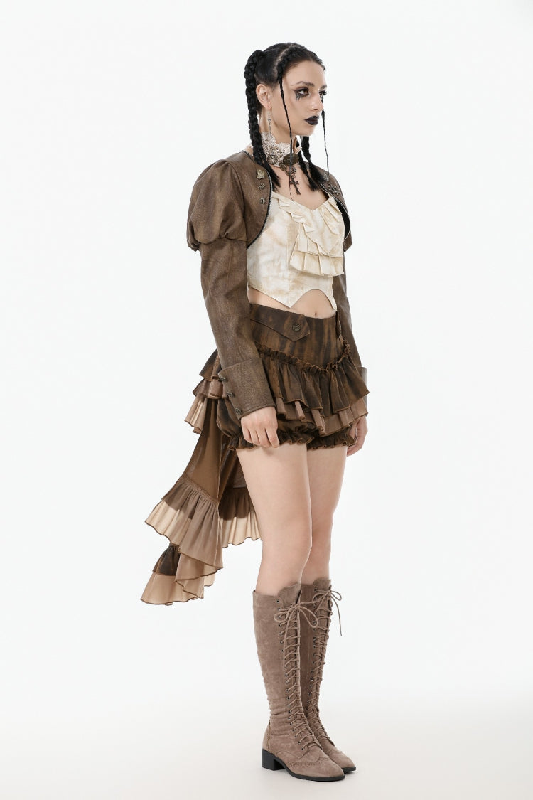 Brown Long Puff Sleeves Zippered Metal-Accented Women's Steampunk Vintage Wrap - Product - 2