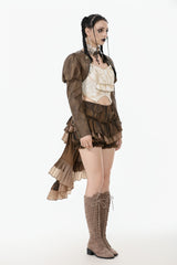 Brown Long Puff Sleeves Zippered Metal-Accented Women's Steampunk Vintage Wrap - Product - 2
