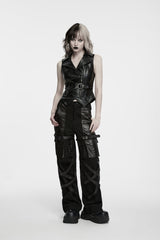 Black Patchwork Eyelet Women's Punk Cool Straight-leg Pants With Multi Pocket - Product - 6