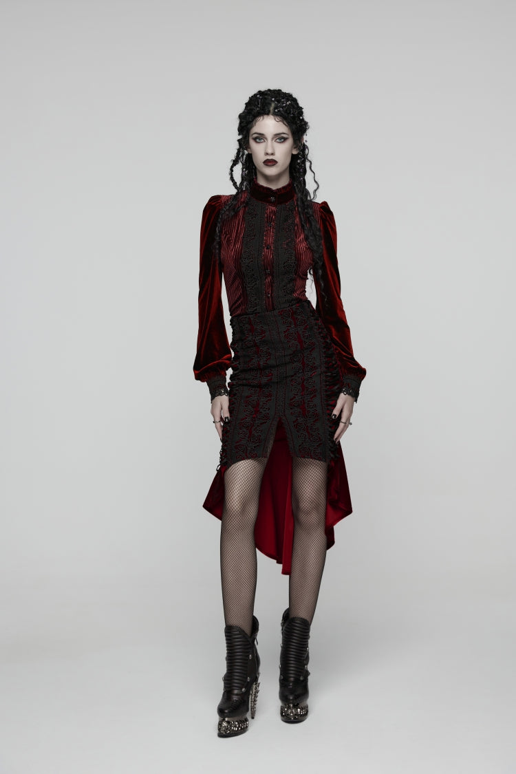Red Embroidered Floral Embroidered Irregular Women's Gothic Fishtail  Skirt - Red - 2