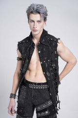 Black Sleeveless Studded Lace-Up Men's Gothic Distressed Vest - Product - 4