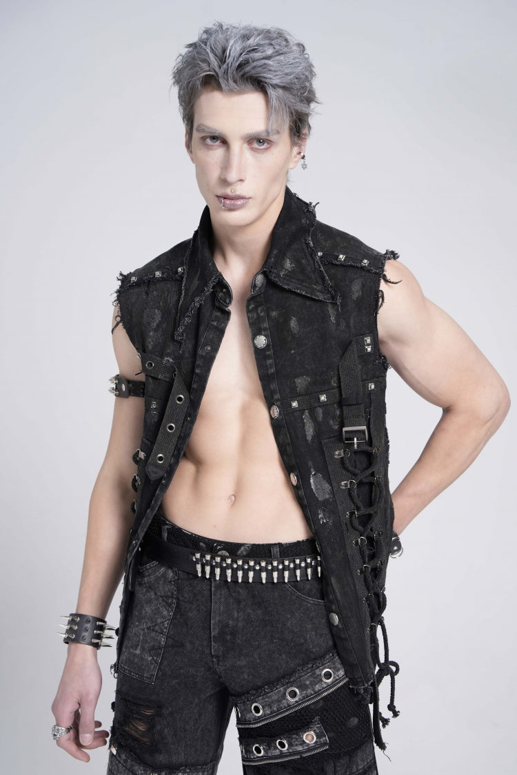 Black Sleeveless Studded Lace-Up Men's Gothic Distressed Vest - Product - 4