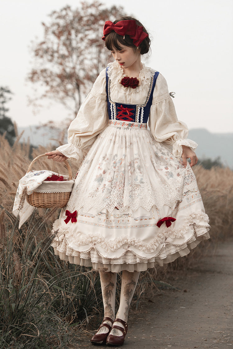 Ivory [Ode to Plenty] Berries and Birds Print Ruffle Bowknot Velvet Classic Lolita Breast Support Jsk Dress - Ivory - 1