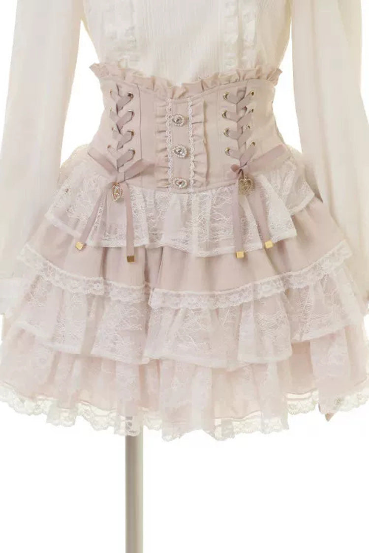 Sweet Jirai Kei Triple-Layered Ruffled Lace Lace-Up Skirt 3 Colors - Pink - 1