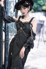 Black [Camellia 1.0] Sleeveless Jacquard Ruffle Lace Gothic Chinese Style Lolita Jsk Fishtail Dress - Product - 8