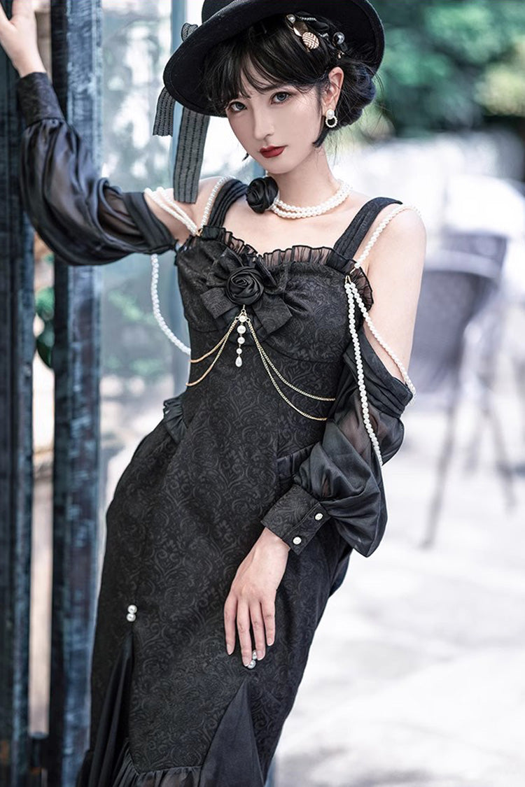 Black [Camellia 1.0] Sleeveless Jacquard Ruffle Lace Gothic Chinese Style Lolita Jsk Fishtail Dress - Product - 8