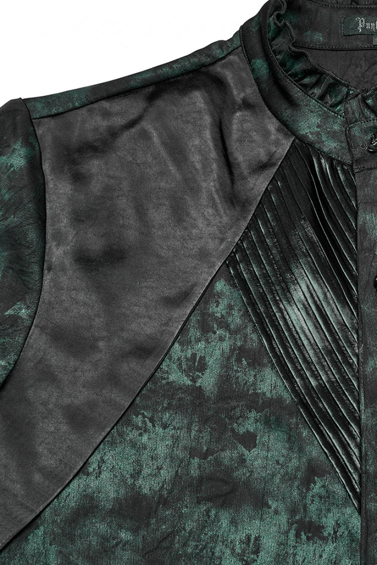 Black/Green Stand Collar Long Sleeves Ruffle Pleated Men's Gothic Blouse - Product - 8