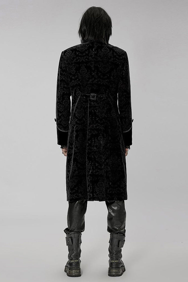 Black Punk Weft Velveteen Print Splicing Stand Collar Lacework Decorate Long Men's Coat - Product - 4