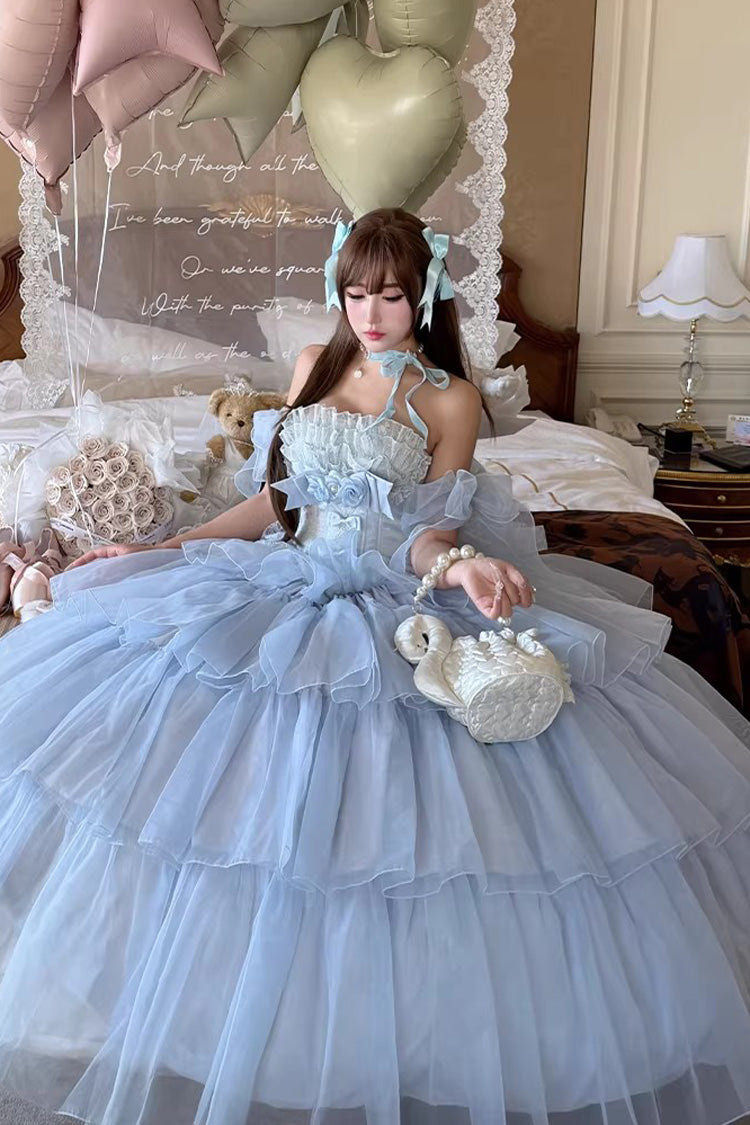 Blue [Mousse Love Song] Sleeveless Multi-Layered Ruffled Hanayome Bow Sweet Lolita Dress - Product - 2
