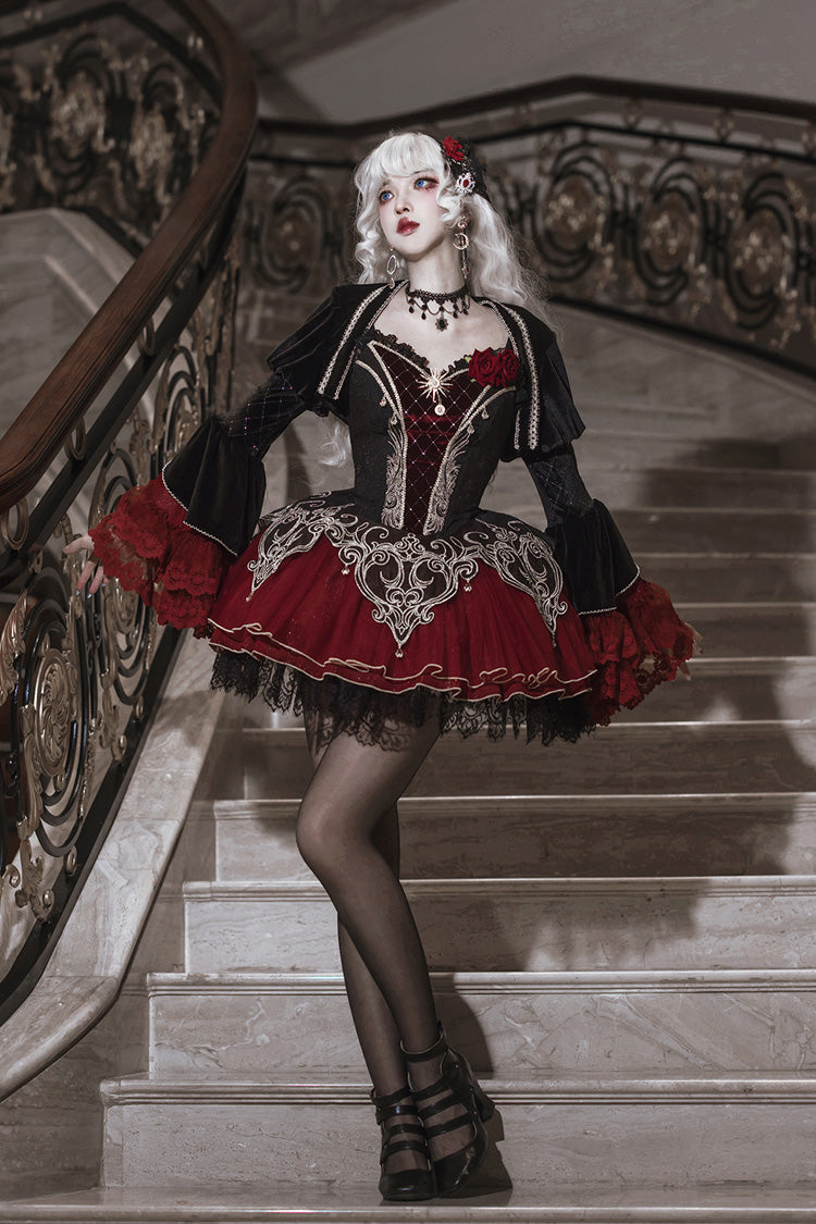 Black/Red [Blood Clan Feast] Ruffle Embroidery Lace Gothic Lolita Jsk Dress Set - Product - 8