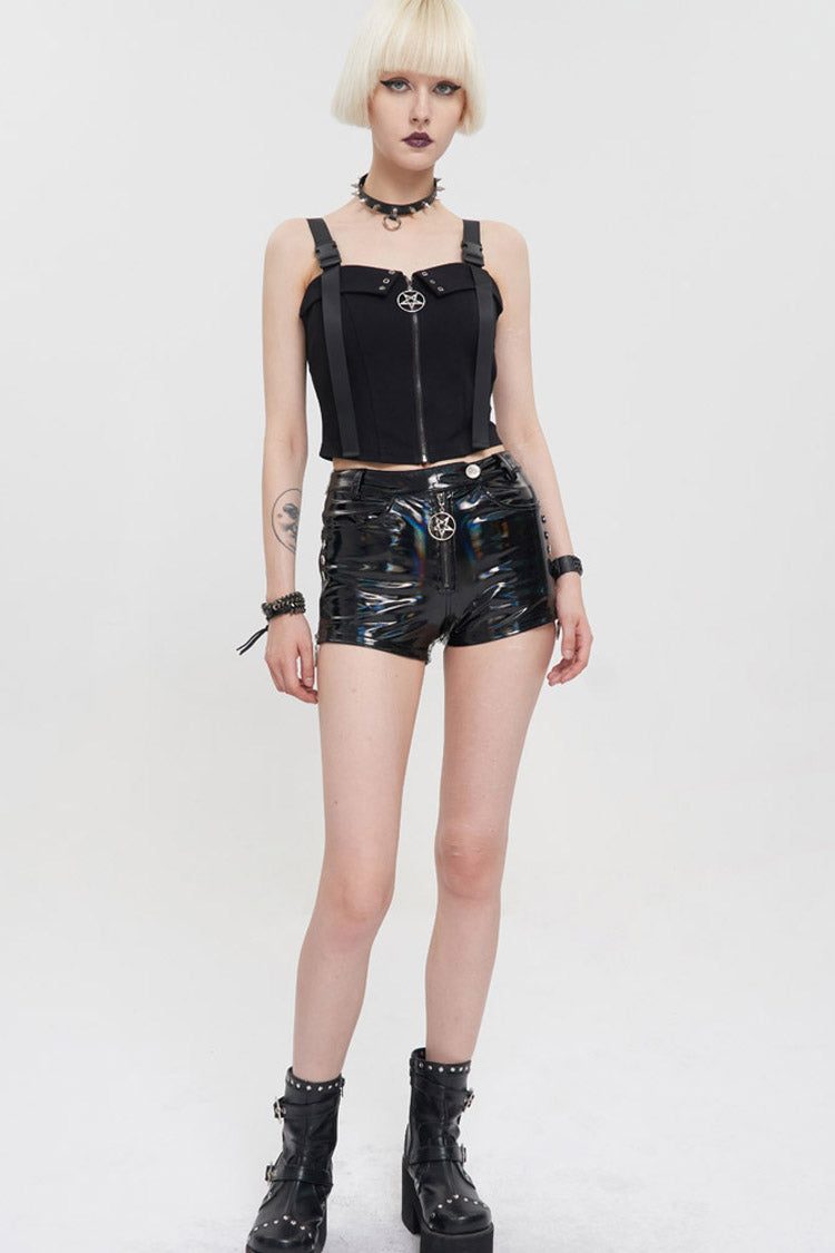 Black Punk Knitted Fabric Adjustable Suspenders Snaps Front Metal Zipper Women's Vest - Product - 5