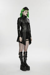 Black Lapel Collar Long Sleeves Lace-Up Slim Zippered Chain-Decorated Women's Punk Jacket - Product - 5
