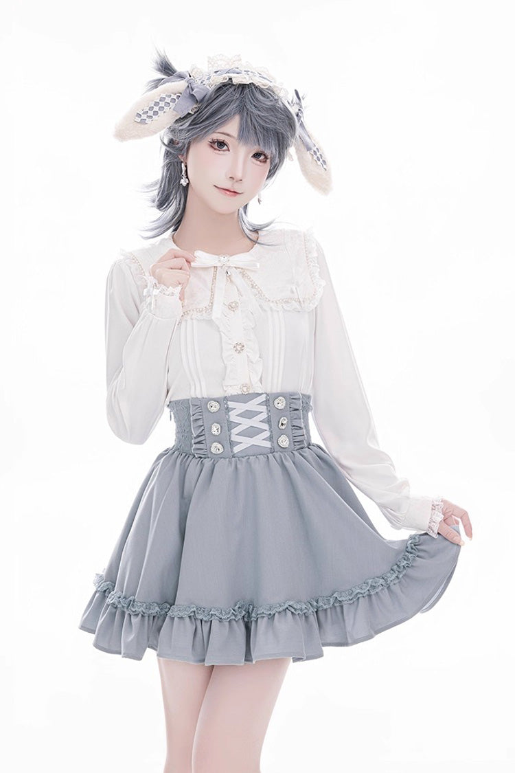 Sweet Ruffle Lace Lace-Up Japanese Jirai Kei Skirt 4 Colors - Aqua - 9