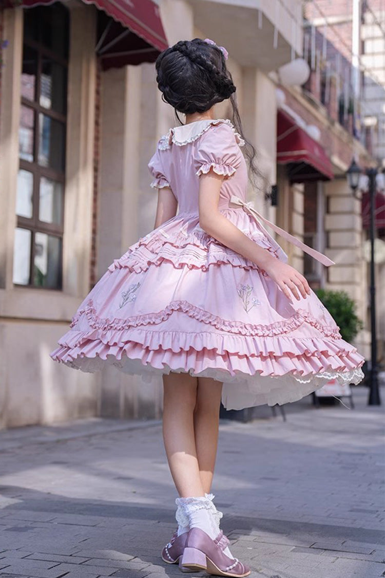 Pink Doll Collar Short Sleeves Iris Poem Print Ruffle Embroidery Sweet Lolita Dress - Product - 12