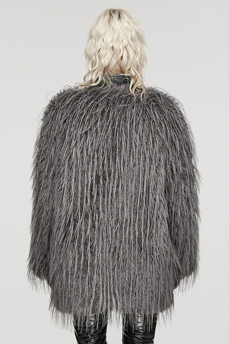Grey Faux Fur Wool Side Long Sleeves Stitching Womens Gothic Elegant Coat - Product - 3