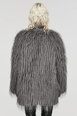 Grey Faux Fur Wool Side Long Sleeves Stitching Womens Gothic Elegant Coat - Product - 3