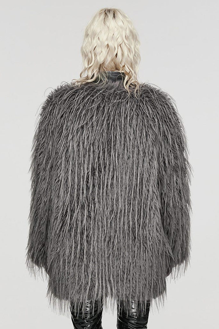 Grey Faux Fur Wool Side Long Sleeves Stitching Womens Gothic Elegant Coat - Product - 3