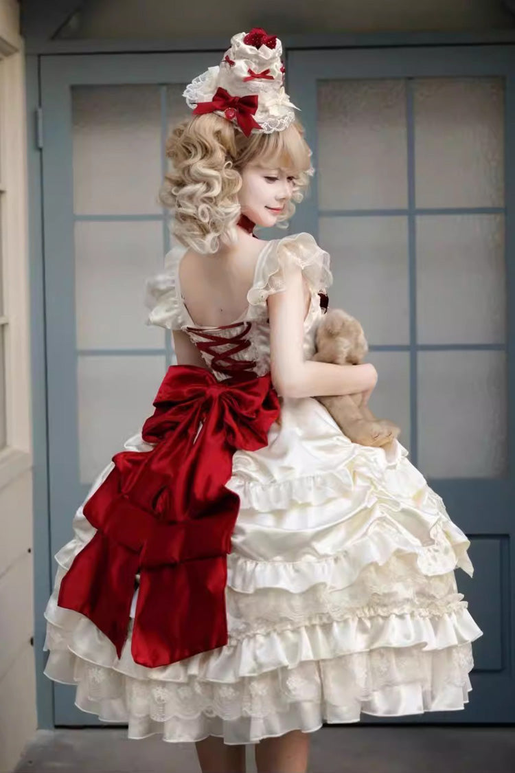 Apricot [Berry Endless] Square Collar Sleeveless Multi-Layered Ruffled Embroidered Bow Lace Sweet Lolita Jsk Dress - Product - 4