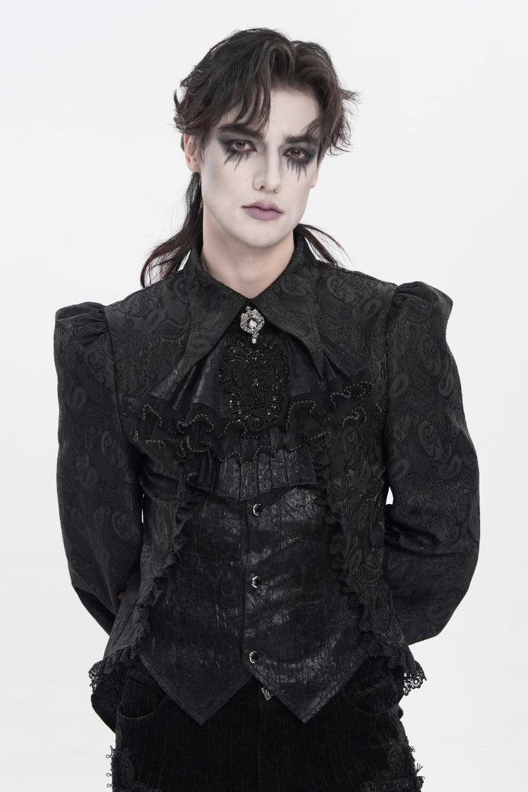Black Lapel Collar Long Lantern Sleeves Jacquard Embroidered Lace Men's Gothic Palace Swallow-tailed Shirt with Necktie - Black - 1