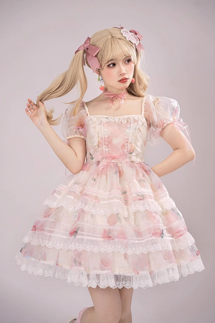 Pink Chiffon Organza Short Sleeves Multi-layer Peach Print Sweet Lolita Jsk Dress - Pink - 1